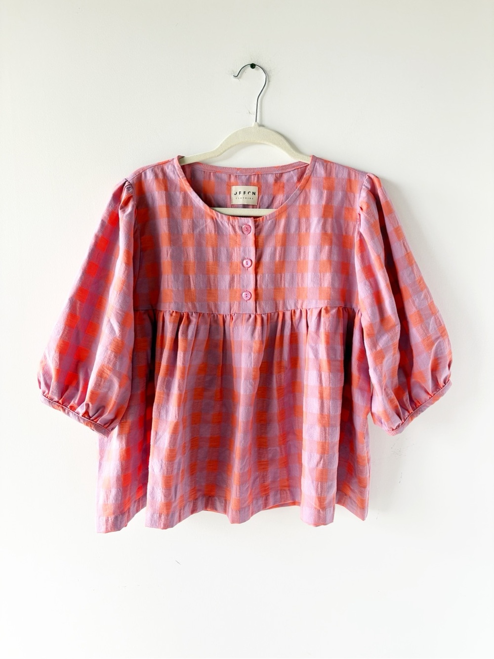 Offon Clothing Seersucker Checks Puffy Sleeve Blouse Orange Purple Peplum XXL